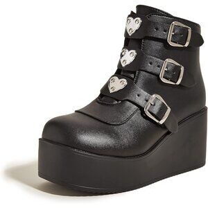 Women Black Polyurethane Rave Buckle Thick Sol eZipper Platform Ankle Boots